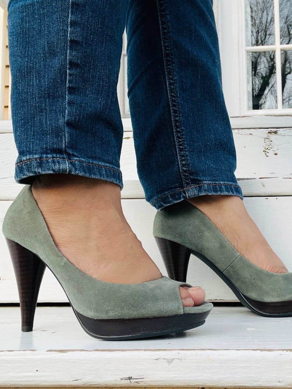 Style & Co Celine Warm Gray Suede Peep Toe Heels